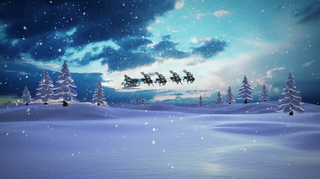 Animation of santa claus in sleigh with reindeer moving over winter landscape at christmas