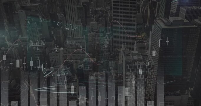 Animation of financial data processing and mathematical equations over cityscape