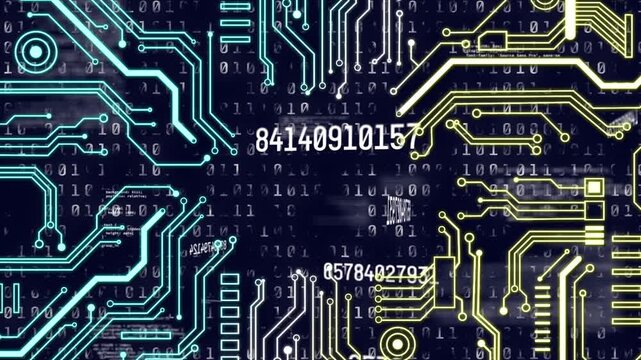 Animation of integrated circuit over changing numbers and binary code on navy background