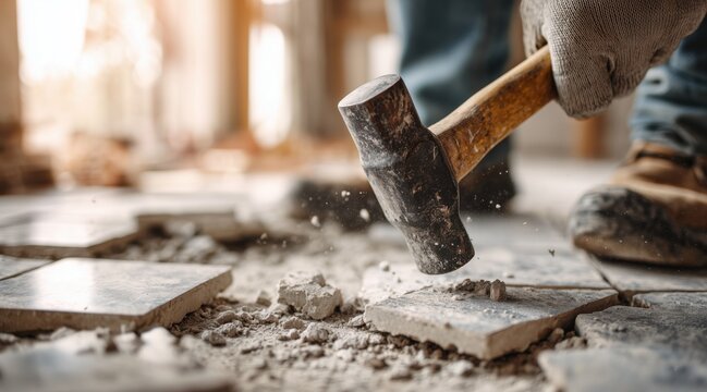 Close up of worker using hammer to break old floor tiles during renovation