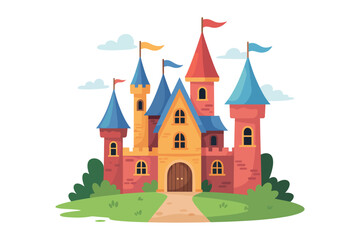 Obraz premium A colorful cartoon castle with blue and red towers and a brown door on a green hill