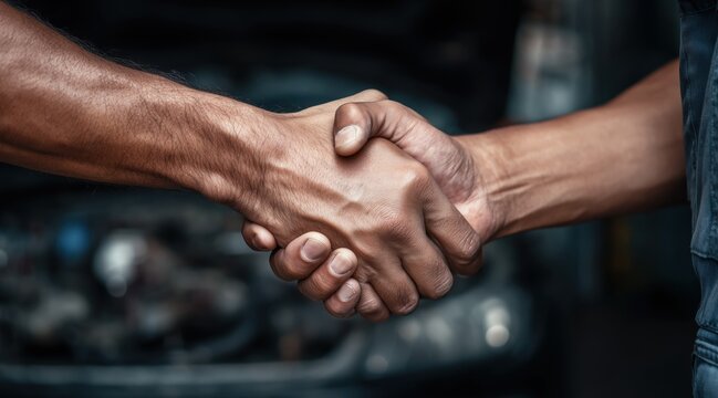Close up of handshake between mechanic and customer in auto repair shop