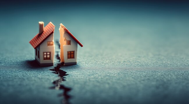 Small model house split in half by crack on ground representing divorce or financial crisis