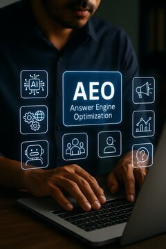 Person is actively typing on a laptop keyboard, with a central "aeo answer engine optimization" display surrounded by relevant digital marketing icons.