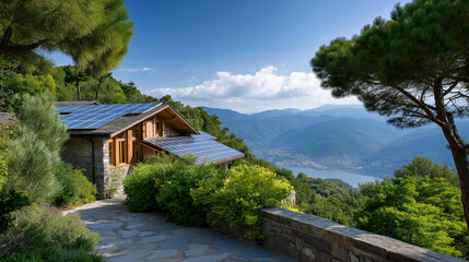 Obraz premium House on a hilltop with solar panels for off-grid sustainable living, green energy and eco-friendly property concept, defocused background, with copy space