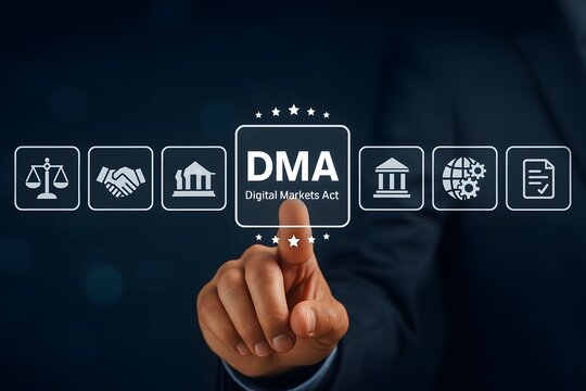 Person's finger points to a central icon displaying "dma digital markets act," surrounded by other legal and regulatory compliance icons.