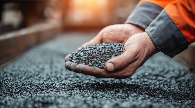 Worker hands holding handful of black coal or asphalt aggregate