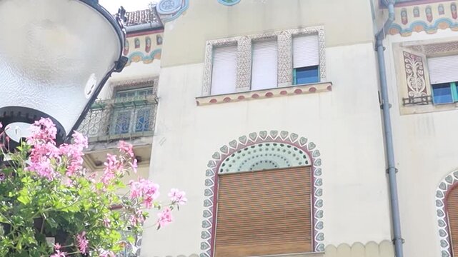 Art Nouveau Windows and Ornate Street Lamp, Subotica, Serbia