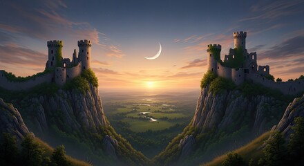 Fototapeta premium Majestic castle on cliffs at sunrise or sunset with crescent moon