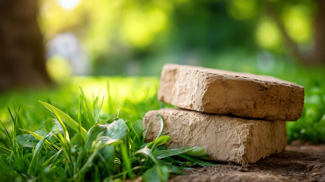 Earth Day eco-friendly bricks on green grass, sustainable living awareness concept, defocused background, with copy space