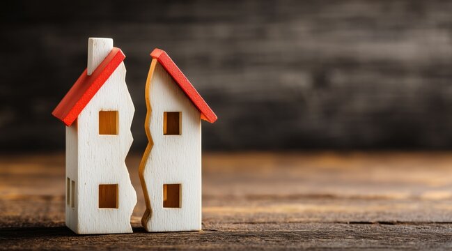 Broken wooden model house on dark background representing divorce or property division