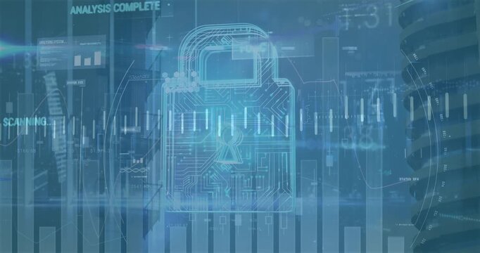 Animation of scope scanning with data processing and padlock icon over cityscape