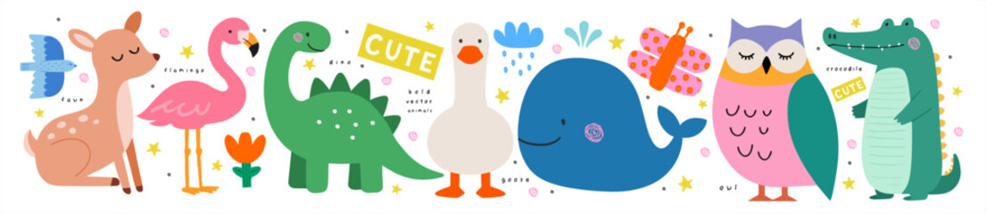 Obraz premium Cute animals. Vector isolated children's illustrations of a deer, fawn, flamingo, dinosaur, goose, owl, and crocodile on a transparent background for children's cards, stickers, icons, and scrapbookin