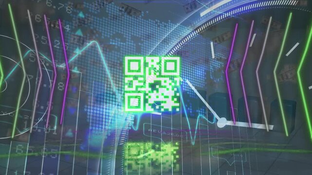 Animation of qr code with data processing and moving clock on white background