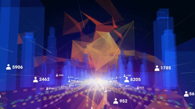Animation of icons and metaverse city over yellow shapes in digital space