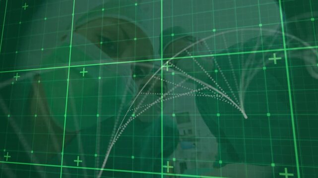 Animation of dna strand over grid and diverse surgeons