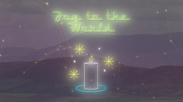 Animation of joy to the world text with candle over light spots and landscape