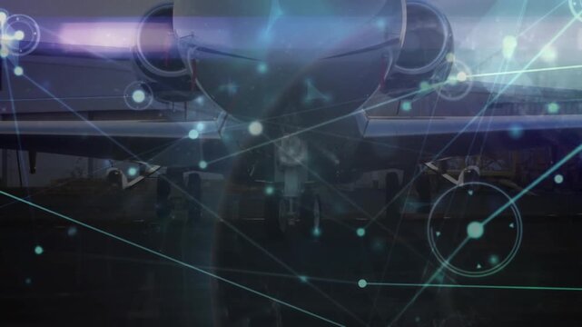 Animation of network of connections over airplane at an airport