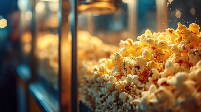 Close up of fresh popcorn in vending machine at cinema