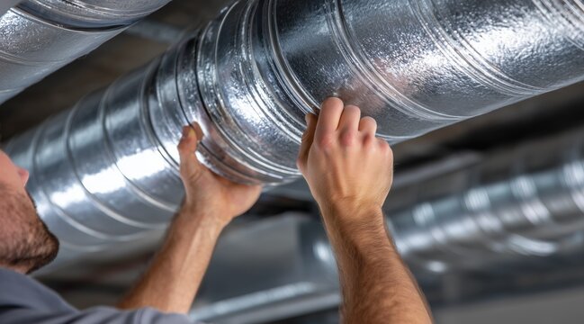Technician installing silver ventilation pipe in ceiling