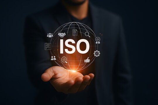 Businessman holds an abstract globe with the iso standard at its core, symbolizing global quality management, international standards, and organizational excellence.