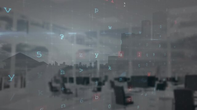 Animation of cyber attack warning over woman on office