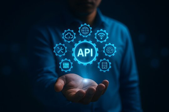 Businessman presents an "api" concept within a circle of interconnected gear icons, symbolizing seamless software integration and application programming interfaces.