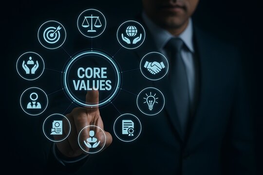 Businessman touches a glowing "core values" circle, surrounded by icons representing ethics, integrity, and foundational principles for business and leadership.