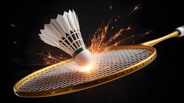An energetic white badminton shuttlecock strikes a golden racket with brilliant orange sparks radiating outwards against a dramatic dark studio backgr
