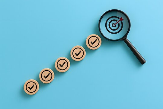 Magnifying glass focuses on a target, aligning with a row of wooden blocks featuring checkmarks on a light blue background.