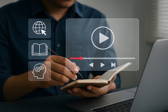 Man takes notes in a book while watching an online video course on a laptop, with digital learning icons floating above.