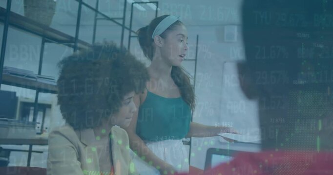 Animation of graph, trading board, multiracial coworkers discussing ideas in meeting room at office