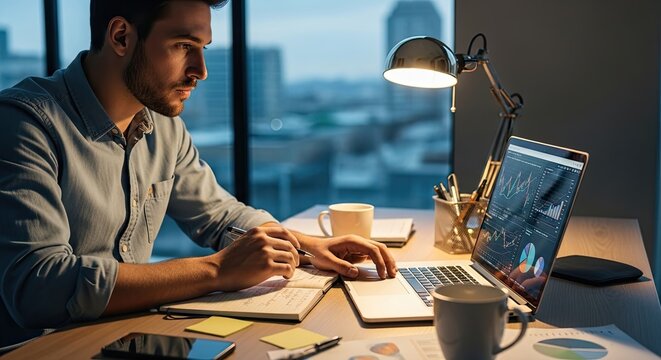 Man working at desk using laptop computer with illuminated lamp and coffee