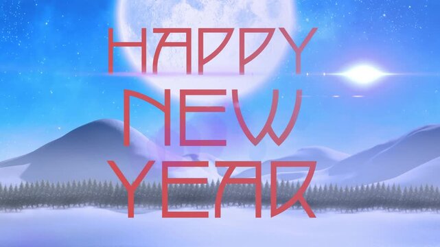 Animation of happy new year text over winter scenery