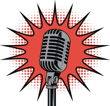 Pop art vintage mic illustration, silver microphone with bright yellow background and red comic starburst for retro broadcast and music design.