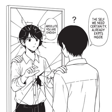 Inspirational manga comic, self-doubt illustration, motivational speech bubble, broken mirror