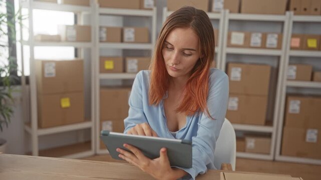 Woman tapping tablet with fingers at a desk in a building storage area, seated among stacked cardboard boxes and shelves; calm concentration.