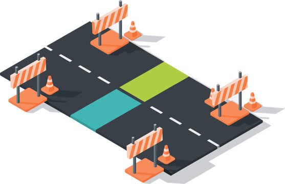 Isometric roadblock cones illustration, barricades and traffic cones for construction safety, road closure, and traffic control in urban design.