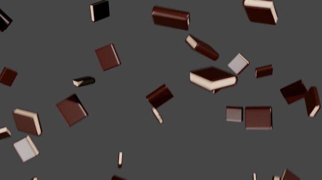 3d books floating down from above, on a solid colour background