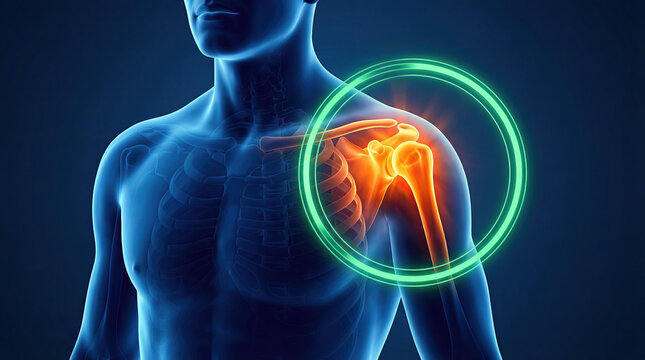 Man shows human anatomy with highlighted shoulder joint and bone structure