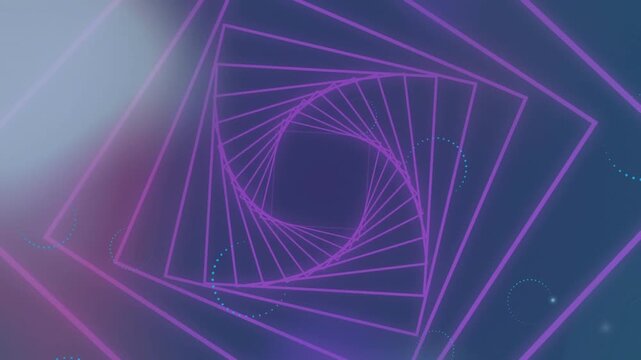 Animation of loading circles over square tunnel looping in spiral pattern with glowing lens flares