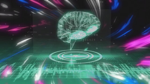 Animation of digital waves and human brain icon spinning over round scanner and data processing