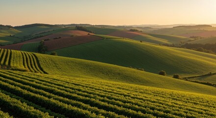 Fototapeta premium Rolling green hills and fields bask in the warm glow of the setting sun