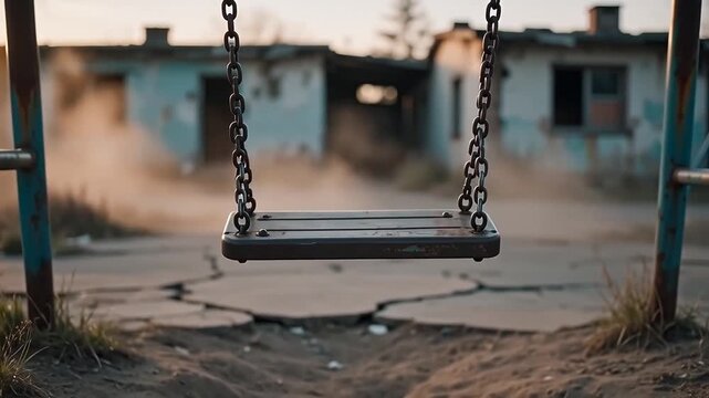 An empty swing set in a desolate, abandoned playground with crumbling buildings and dusty air
