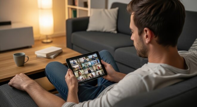 Man attends video conference on tablet in living room
