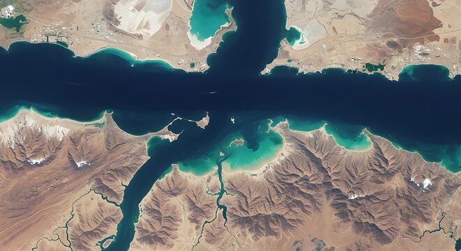 Aerial view of the Strait of Hormuz coastline and Persian Gulf, Hormozgan, Iran