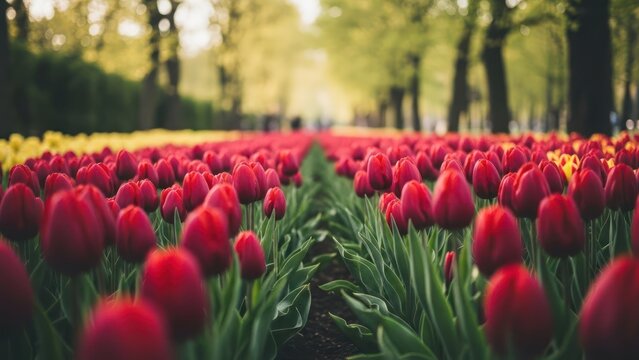 Rows of red tulips lead the eye into a blurred distance of yellow blooms and leafy trees