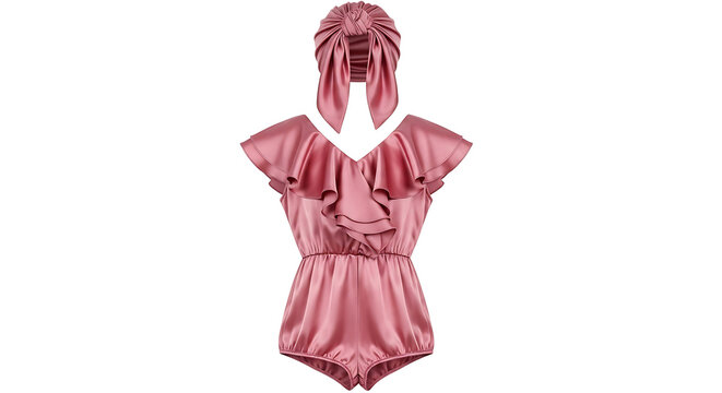 Pink Satin Ruffle Romper with Matching Silk Turban Headwrap, Women's Luxury Fashion on White Background