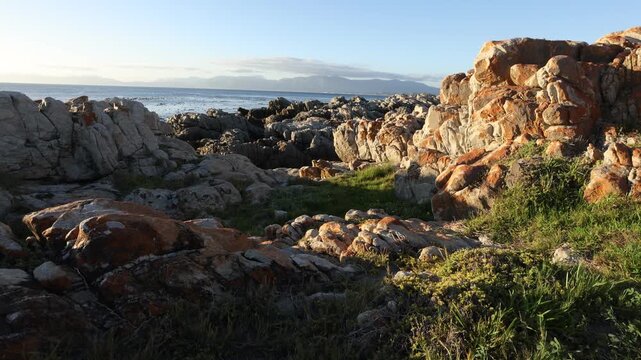 Rocky coastline of DeKelders overlooking the Atlantic Ocean, South Africa