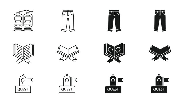 Icon set featuring transportation, clothing, books, and quest symbols